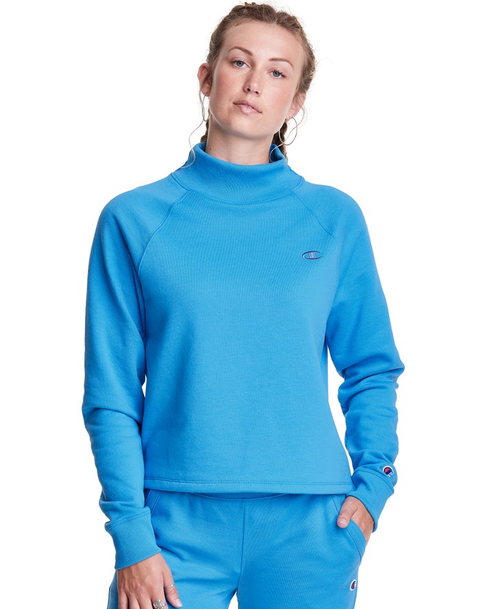 Champion Dame Sweatshirt Blå - Powerblend Fleece Mock Neck Embroidered Logo - Danmark MXC-019437